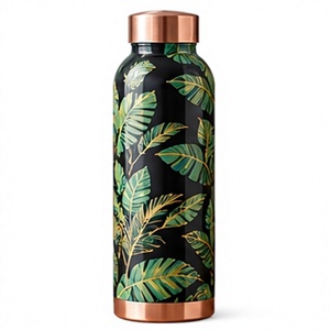 Handmade Black Tropical Leaf Copper Water Bottle Copper <b>Insulated</b> Eco Friendly Travel <b>Flask</b> - Product Image 1