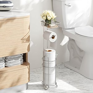 Porte-papier toilette simple sur pied avec étagère, finition chromée, capacité 4 rouleaux, pour téléphone, mouchoirs, lingettes, rangement de salle de bain - Product Image 1