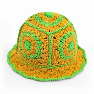 Colorful Handmade Floral Crochet Bucket Women Fisherman Beanie Girl Knitted Bella Crochet Bucket Hat