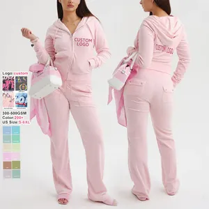 Roupa de moletom feminina de veludo luxuosa fabricante jogger terno calças de lantejoulas conjunto personalizado de duas peças terno de treino de veludo com zíper