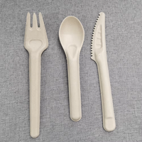 Ensemble d'ustensiles jetables biodégradables en bagasse de canne à sucre, fourchette, cuillère, couteau compostables avec logo personnalisé pour les fêtes et l'emballage à emporter