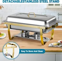 Ensemble de réchauds de buffet semi-ornés d'or en acier inoxydable à motif uni, 8QT-9QT, rectangulaires, pour traiteur et événements