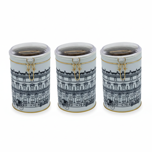 Ensemble de boîtes rondes en métal (lot de 3 ) Dia 105x150mm 1.1L Fermoir en fil métallique et couvercle transparent illustration de paysages urbains vintage City - Product Image 2