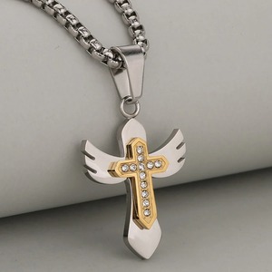 Collier avec pendentif croix aile d'ange en acier inoxydable, or, argent, cristal, bijoux chrétiens, chaîne Hip Hop Punk, cadeau pour hommes et femmes - Product Image 5