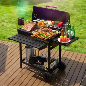 Outdoor Large Garden Trolley Barbecue Smoker Grill Charcoal BBQ Grill With Electric Rotisserie Chicken Fork
