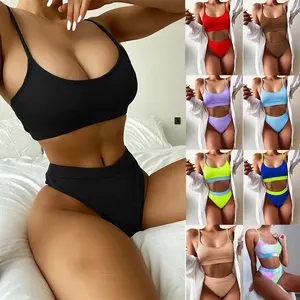 High Waist Bikinis 2023 Women Push Up Swimsuits Sexy Two pieces Solid Brazilian Ribbed Biquini Strap Swim Bathing Suits Tankini