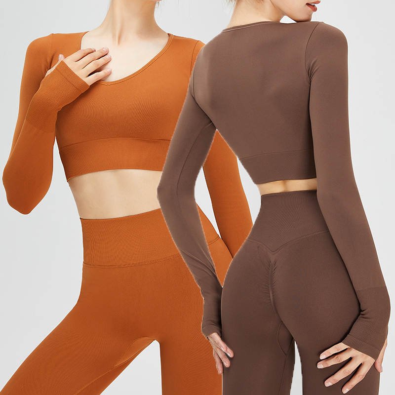SHINBENE Padded Women V Neck Seamless Knit Yoga Fitness Long Sleeves Cropped Top Shirts
