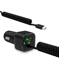 Chargeur de voiture USB 48W PD30W QC3.0 avec adaptateur de charge rapide et câble USB-C spiralé intégré de 7 pieds pour véhicules 12V-24V