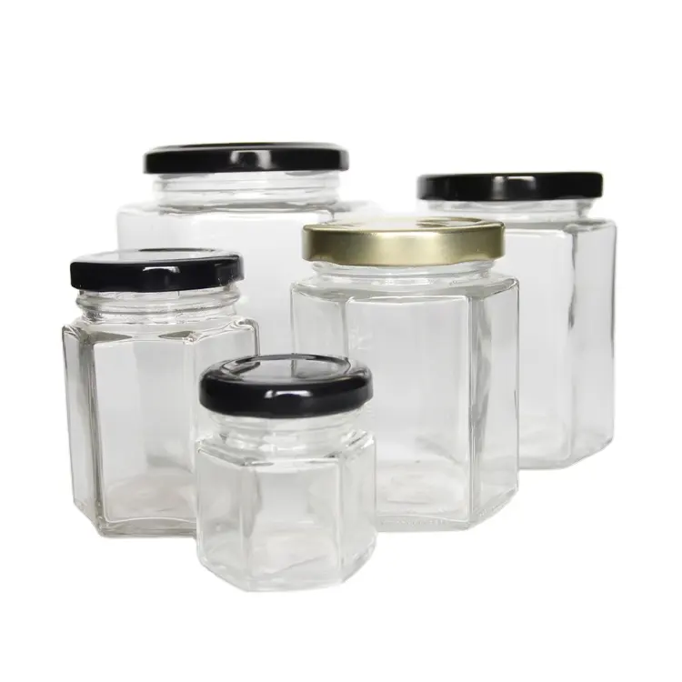 Bouteille de miel vide en verre Mini pot de miel hexagonal 500ml 380ml 180ml 90ml 45ml avec couvercle