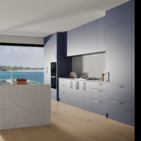 Meubles de cuisine complets sur mesure de style minimaliste moderne, armoires de cuisine bleues en deux parties avec évier