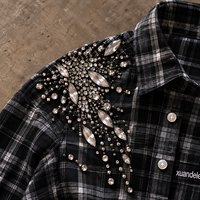 Kemeja Desainer Pria Kustom Hitam Kotak-kotak Berhias Berlian Imitasi, Overshirt Lengan Panjang Kancing Depan, Kemeja Fashion Streetwear, Produsen OEM
