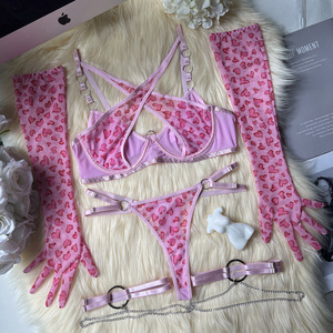 <b>Pink</b> Heart Print Mesh 4 Piece Sexy Lingerie Set Criss Cross Bra Thigh <b>Harness</b> Long Gloves Women Valentine Honeymoon Intimates - Product Image 6