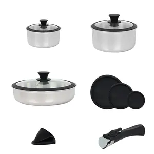优质安全不锈钢可堆叠锅碗瓢盆套装，带可拆卸手柄