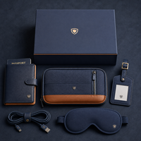 Kit de Voyage Exécutif Personnalisé avec Portefeuille RFID, Organisateur Technologique, Étiquette à Bagages, Câble, Masque de Sommeil et Boîte