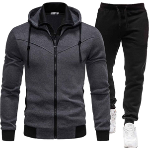 Ensemble de survêtement homme personnalisé, coupe slim, zippé, en molleton, pour la gym et le jogging, deux pièces, gris foncé, sweat à capuche et pantalon de survêtement, vêtements de sport décontractés - Product Image 1