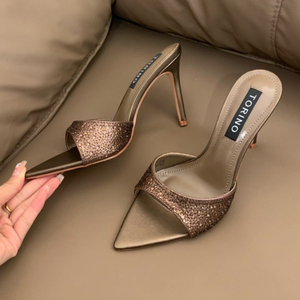 Sandalias de tacón con diamantes de imitación para mujer, estilo mule con punta en pico y tacón de aguja, sandalias deslizantes sexys para novias, fiestas de graduación y eventos nocturnos. - Product Image 4