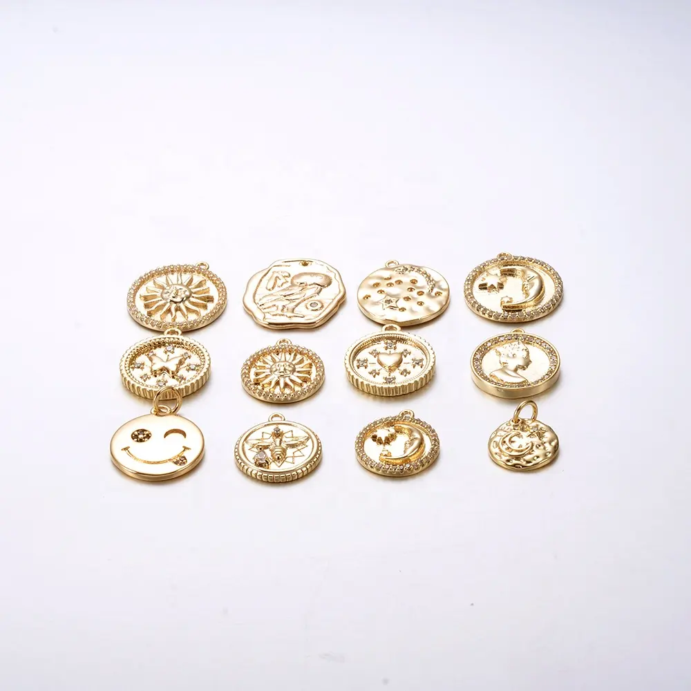 Trendy Zircon Moon Sun Disc Charms Jewelry Findings Women 18K Gold Plated Coin Charms Pendants Diy for Earring Necklace Bracelet