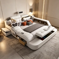 Lit intelligent multifonctionnel en cuir Tatami avec fonction massage, projecteur, haut-parleur Bluetooth, rangement, lit king size