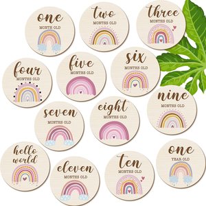 Bonjour <span class=keywords><strong>monde</strong></span> en bois poli bébé naissance douche jalon cartes arc-en-ciel Mile pierre disques pour la première année de bébé - Product Image 2