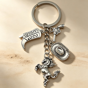Custom Zinc Alloy Western Cowboy Keychain <b>Engraved</b> Logo Vintage Cowboy Hat Boot Metal <b>Key</b> <b>Ring</b> Souvenir Gift - Product Image 1