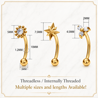 Anneau de Sourcil, Nombril, Rook, Cartilage en Titane ASTM F136 Plaqué Or 18K avec Étoile CZ à Filetage Interne, Tendance Mariage et Fiançailles