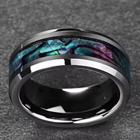 Poya luxe 8mm haute poli alliance coquille d'ormeau incrustation argent plaqué tungstène bords biseautés anneaux pour hommes