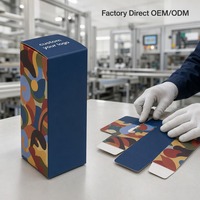 Boîte cadeau rigide bleu marine mat avec blocs de couleur, impression personnalisée pour bougies et parfums d'intérieur, emballage de luxe en carton pliable à rabat.