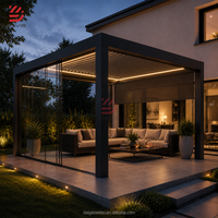 Pergola extérieure avec structure en aluminium et toit en métal, pavillon de patio en aluminium avec rideaux et moustiquaire