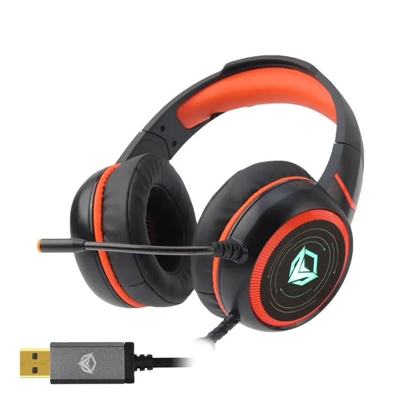 MEETION Headset MT-HP030, Headset kantor hiburan gaya permainan hitam oranye bercahaya berkabel Rgb