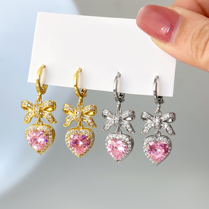 Yeni takı seti pembe kalp taş <span class=keywords><strong>Cz</strong></span> zirkon gümüş ilmek kolye ve küpe seti - Product Image 5