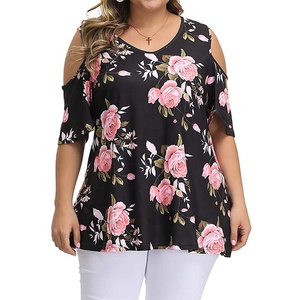 Blus Wanita Motif Bunga 5XL Atasan Cold Shoulder Pakaian Tropis Ukuran Besar Tunik Lengan Setengah Kaos Oversize - Product Image 5