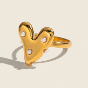 Bague X&L élégante en forme de cœur avec perle, non réglable, plaquée or 18 carats, en acier inoxydable, inaltérable, bijoux de mode pour femme - Product Image 1
