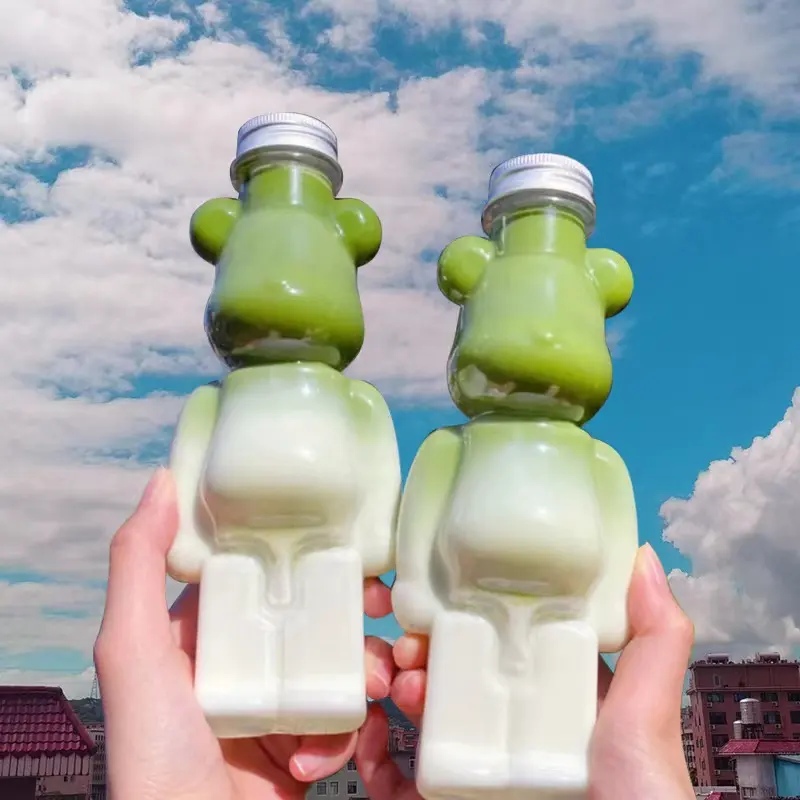 400ML 500ML 700ML transparent bear Shape Pet Milk Tea Bottle Disposable Juice Beverage Bottle With Aluminum Lid