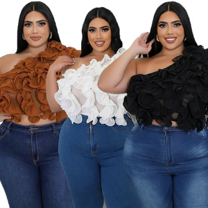 Top da Donna Asimmetrici Casual in Rete di Tulle a Tinta Unita, Camicetta in Chiffon con Maniche Lunghe a Sbuffo e Volant a Strati, Tunica <span class=keywords><strong>Taglie</strong></span> Forti da Donna - Product Image 1