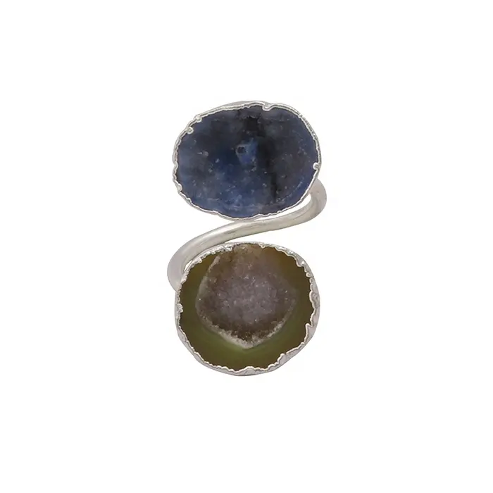 Fantastic double geode druzy gemstone boho style rings silver electroplated adjustable ring women fashion jewelry