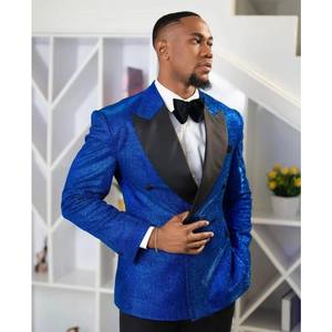 Royal Blue paillettes uomo smoking da sposa abiti Costume Homme matrimonio Slim Fit Outfit Party Prom Blazer con risvolto con visiera Wear <span class=keywords><strong>2</strong></span> pezzi - Product Image 2
