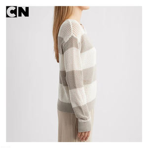 Suéter con Certificación GRS, Fabricante de Suéteres, Logotipo Personalizado, Mujer, 100% Algodón, Cuello Redondo, Calado, Rayas, Tejido de Ganchillo - Product Image 4