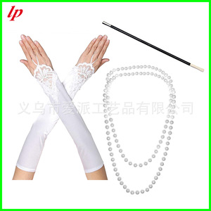 LPP4577 1920s <b>Gatsby</b> Party Gloves Pearl Necklace Set Women's Costume <b>Accessory</b> Black White Red - Product Image 3