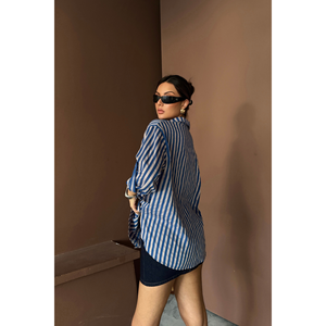 Camisa de Lino a Rayas Azul Marino para Mujer, Colección de Blusas y Camisas Elegantes - Product Image 4