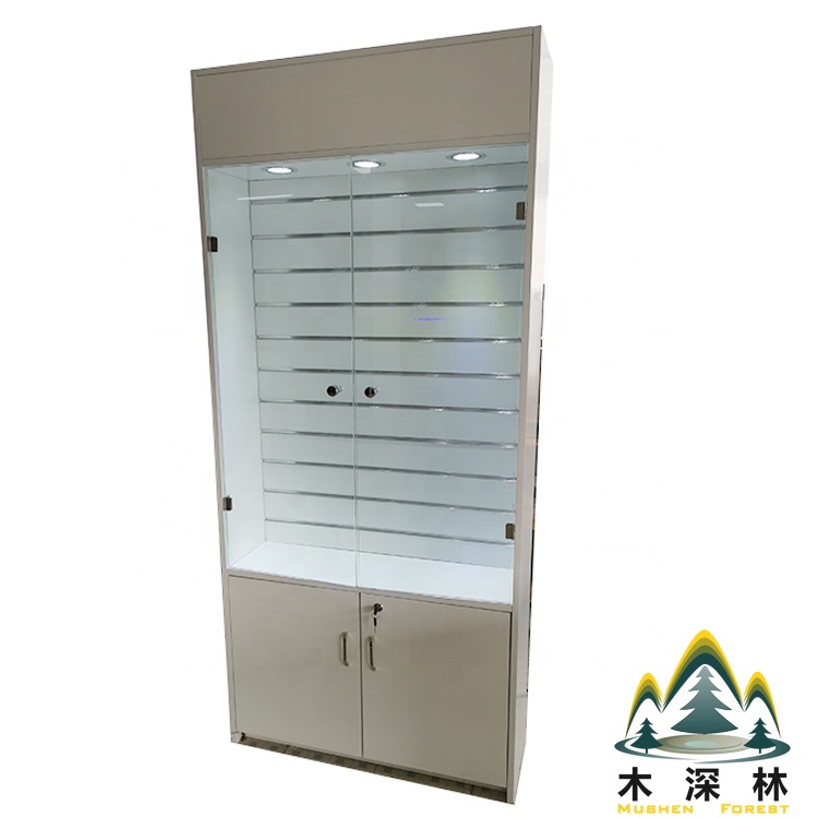 Floor standing glass display showcase phone accessory rack jewelry cabinet with LED lighting shop furniture design and produce