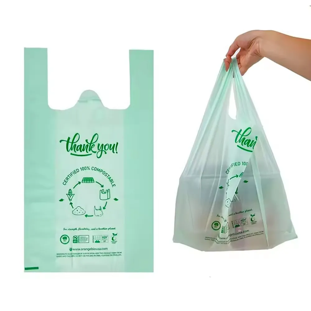 Eco Friendly Shopping Bag Custom Logo Print Hdpe Handle T-Shirt Grocery Biodegradable Cornstarch Usable Compostable Plastic Bag