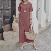 Robe d'été vintage en coton et lin, couleur unie, col ample, manches courtes, taille haute, coupe irrégulière pour femme - Grande promotion