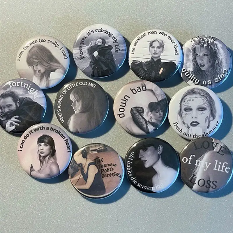 Newest Hot Selling Custom Printed Taylor Swift TTPD Merch Inspired Round Metal Tinplate Button Pin Badge