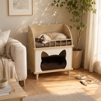 Maisonnette pour animaux en bois personnalisée 2-en-1 : Perchoir pour chat et niche pour petit chien, entrée en forme de tête de chat, pieds robustes, lit d'intérieur pour animaux