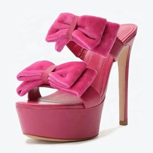Mules à talons aiguilles pour femmes, sandales à talons fins et hauts, avec nœud en tissu floqué, plateforme épaisse, pour soirée, club, été, chaussures de soirée - Product Image 1