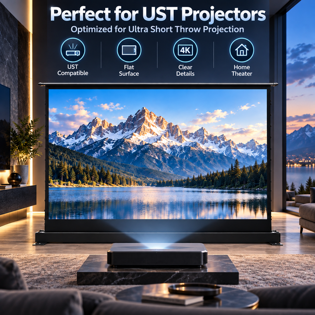 ALR Floor Rising Projector Screen Motorized Tab Tensioned Screen Ambient Light Rejecting Cinema Screen for UST 4K Projector