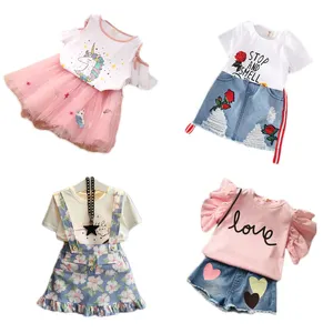 China Wholesale Korean Pink Ruffle Top Denim Shorts Summer Teen Kids Wear Girl Fall Clothing Set Baby Clothes