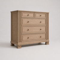 Commode à 5 tiroirs en bois massif, design classique de manoir, surface vieillie, fabrication artisanale, pour intérieur résidentiel de luxe