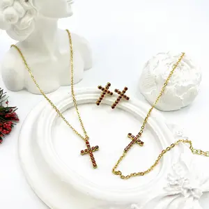 Stainless Steel Jewelry Making Supplies Wholesale Fashion PVD Gold Plated India Zicon Cross Pendant Necklace Set