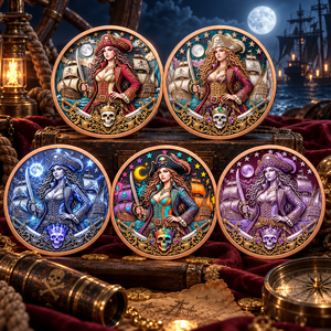 Medaglione Rotondo Personalizzato in Lega di Zinco con Ritratto di Capitano Pirata, Cinque Design, Finitura Lucida per Esposizione su Scrivania del Porto - Product Image 1
